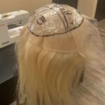 Blond, shoulder-length, in progress, side rear view.