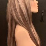Human hair wig ash blond highlights light brown base, 23” long 200% density, right side view.