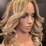 Blond highlights with curls, right view.